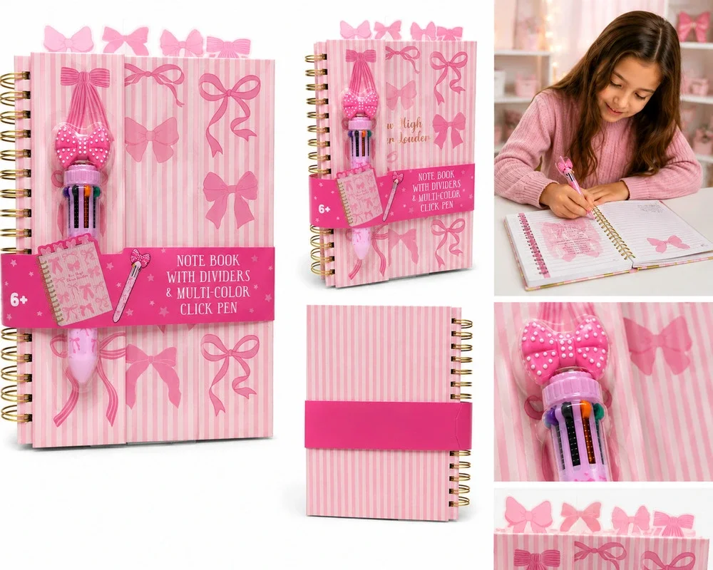 Pink Bow Notebook Set with Multi-Color Click Pen – New
